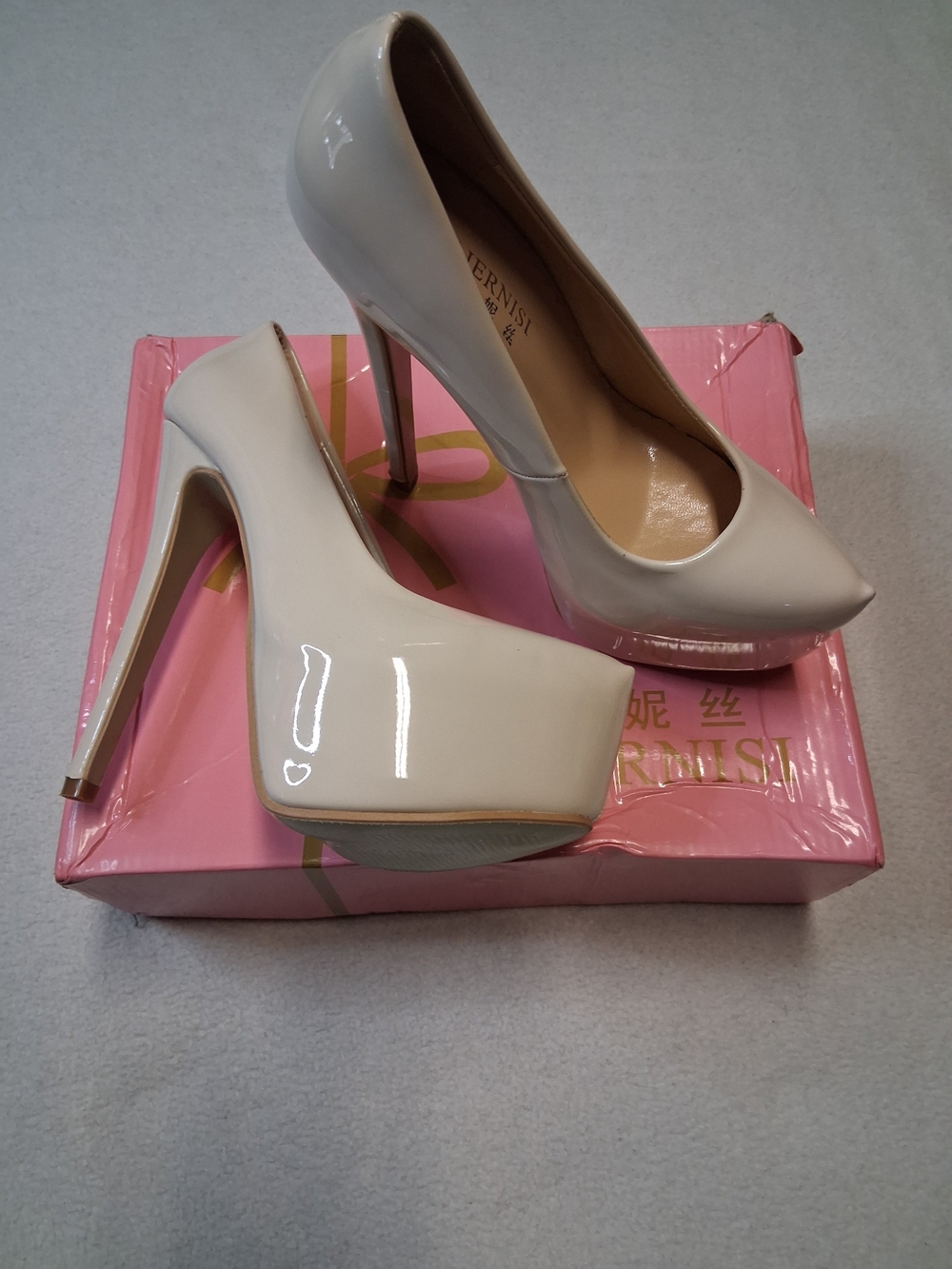 High Gloss Cream Platform Stiletto Pumps